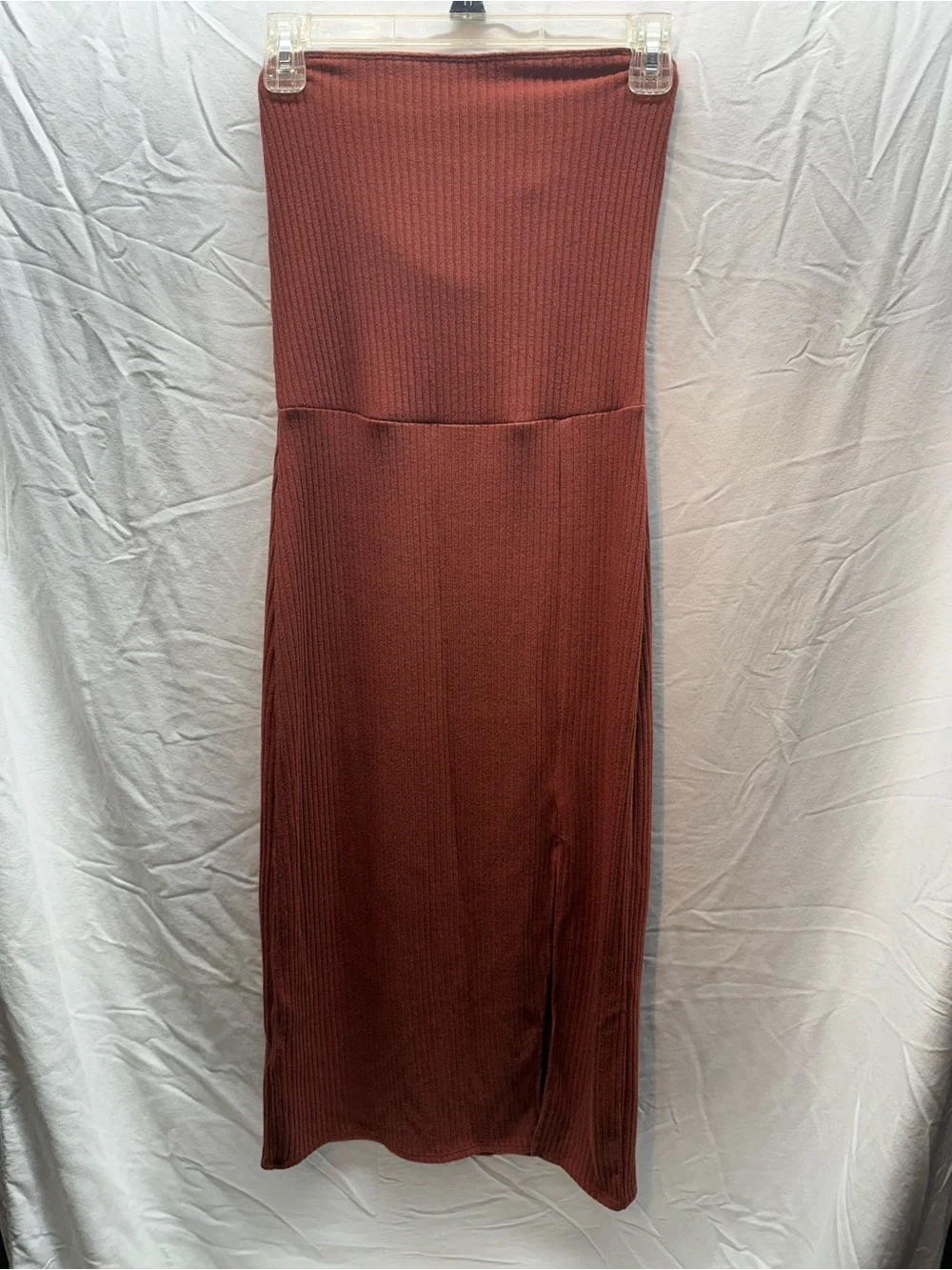 Abercrombie & Fitch Ribbed Strapless Maxi Dress Rust Burgundy Size M Side Slit